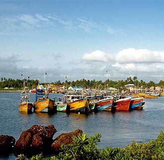 Vividly coloured fishing boats on the Beruwala beach